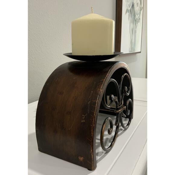 Vtg Brown Black Gold Rounded Arched Swirl Wrought Iron Pillar Candle Holder - Picture 3 of 7